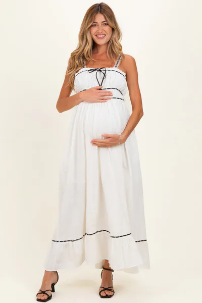 PinkBlush Off-White Lace Ribbon Detail Maternity Maxi Dress