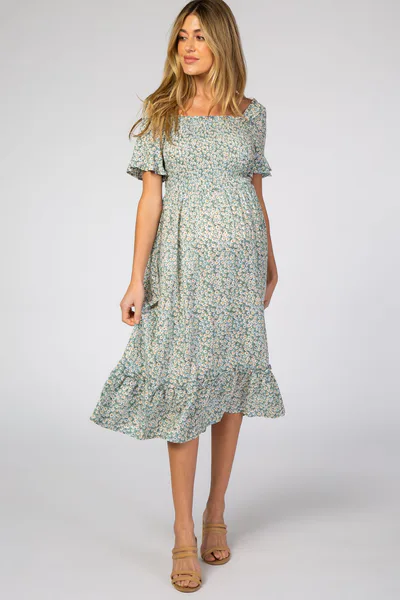PinkBlush Light Blue Floral Ruffle Maternity Midi Dress
