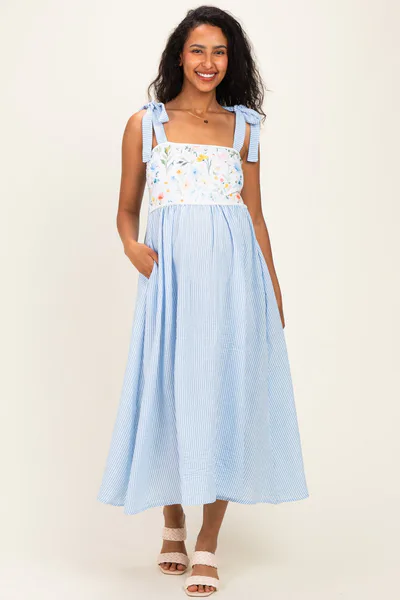 PinkBlush Light Blue Floral Stripe Bow Strap Maternity Dress