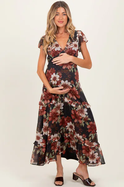 PinkBlush Black Floral Chiffon V-Neck Maternity Maxi Dress