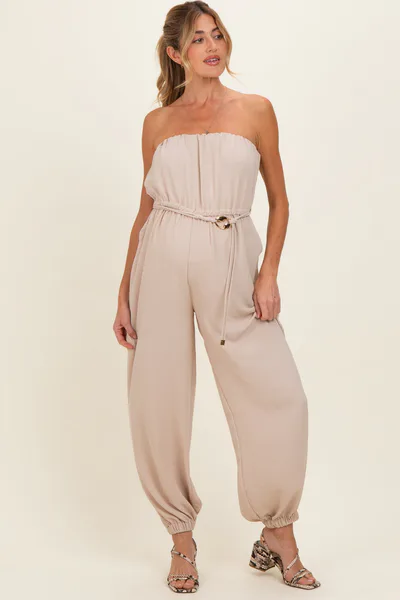 PinkBlush Beige Crinkled Tube Balloon Maternity Jumpsuit