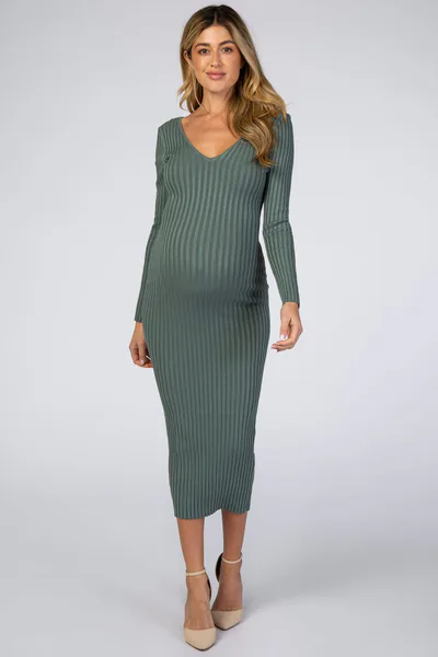 PinkBlush Olive V-Neck Long Sleeve Fitted Maternity Maxi Dress