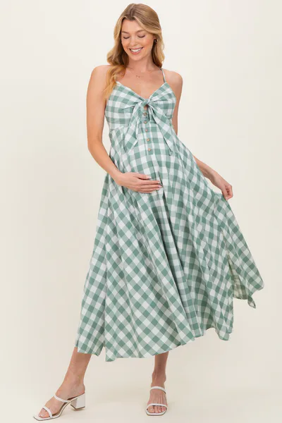 PinkBlush Basil Gingham Tie Front Racerback Maternity Midi Dress