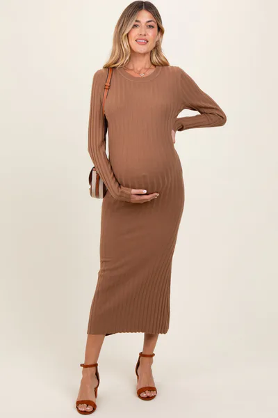 PinkBlush Mocha Ribbed Knit Fitted Maternity Midi Sweater Dress