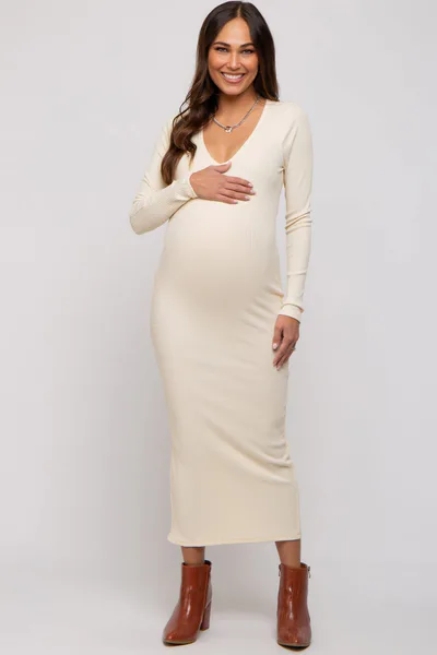PinkBlush Cream Ribbed Long Sleeve Maternity Maxi Dress