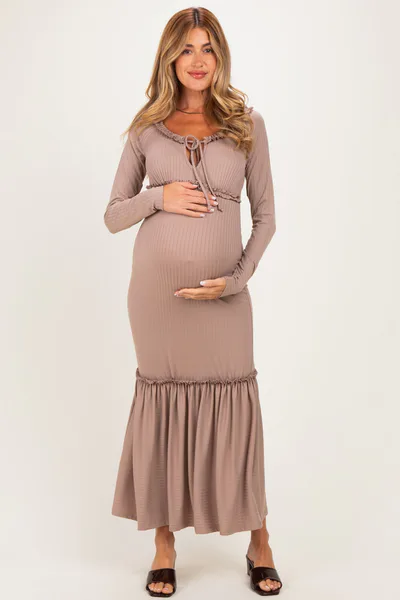 PinkBlush Beige Ribbed Long Sleeve Ruffle Trim Off Shoulder Maternity Maxi Dress
