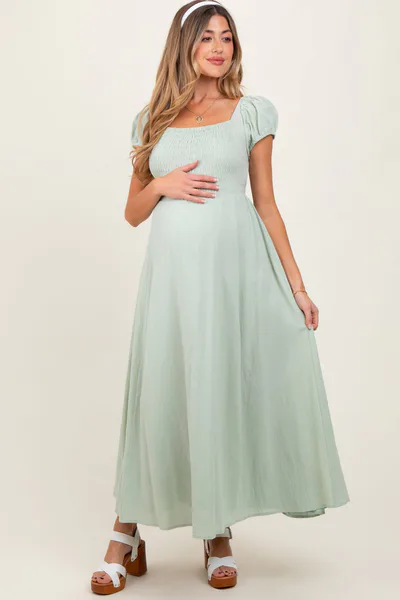 PinkBlush Mint Square Neck Smocked Top Criss Cross Back Tie Maternity Maxi Dress