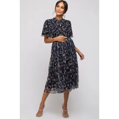 Target Pinkblush Black Floral Smocked Mesh Knit Maternity Midi Dress XL