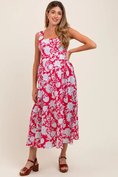 PinkBlush Red Floral Square Neck Sleeveless Maternity Midi Dress
