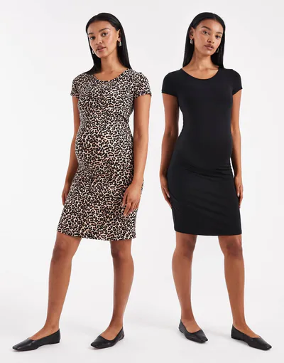 ASOS ONLY Maternity 2-pack short sleeve dress in black & animal print