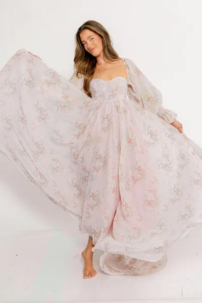 Worth Collective Delilah Maxi Dress with Train in Muted Blush Floral - Bump Friendly