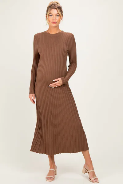 PinkBlush Mocha Ribbed Long Sleeve Maternity Sweater Midi Dress