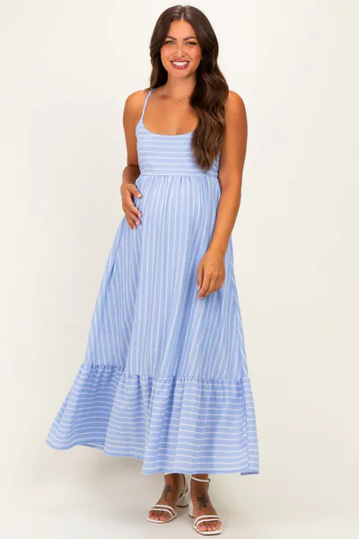 PinkBlush Blue/ Off White Striped Sleeveless Ruffle Hem Maternity Maxi Dress