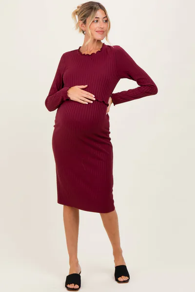 PinkBlush Burgundy Ribbed Knit Long Sleeve Nursing Maternity Dress