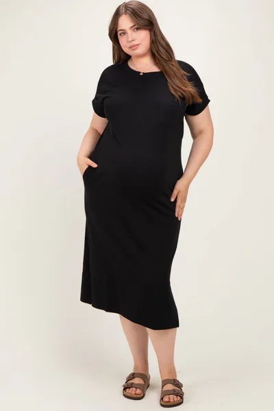 PinkBlush Black Plus Round Neck Short Sleeve Maternity Midi Dress