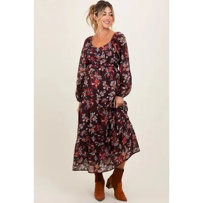 Target Pinkblush Brown Floral V-Neck Bubble Sleeve Maternity Maxi Dress Medium