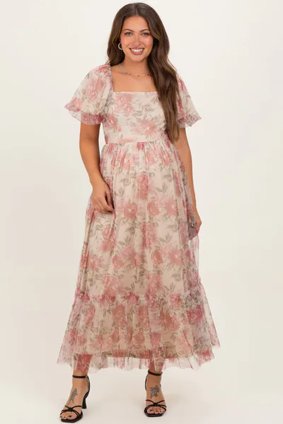 PinkBlush Mauve Floral Printed Tulle Puff Sleeve Maternity Midi Dress