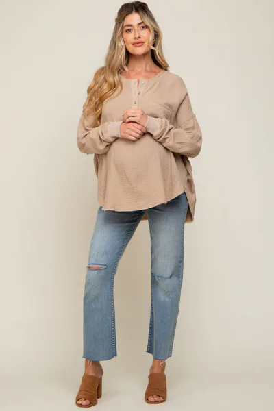 PinkBlush Beige Front Button Drop Shoulder Long Sleeve Maternity Top