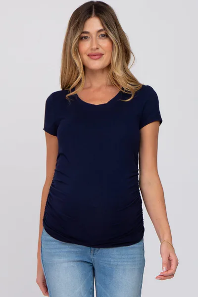 PinkBlush Navy Blue Basic Short Sleeve Maternity Fitted Top