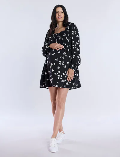 Motherhood Maternity Long Sleeve Smocked Babydoll Dress
