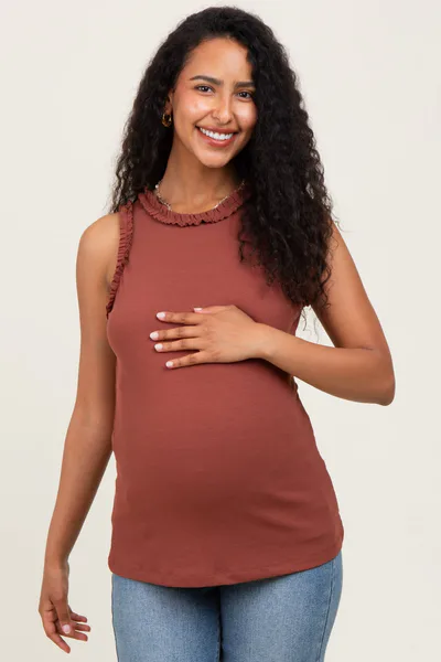 PinkBlush Dark Rust Rib Knit Ruffle Trim Sleeveless Maternity Top