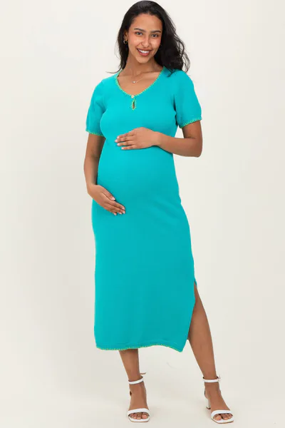 PinkBlush Aqua Knit Contrast Stitch Detail Maternity Midi Dress