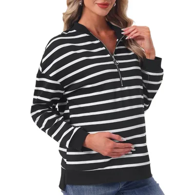 Target INSPIRE CHIC Women's Maternity Tunic Striped Mock Neck Long Sleeve Half Zip Side Slit Pregnancy Nursing Sweatshirt Medium White Stripe