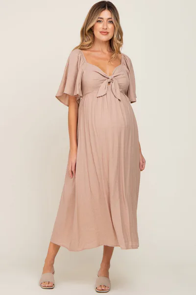 PinkBlush Mocha Front Tie Ruffle Sleeve Maternity Midi Dress