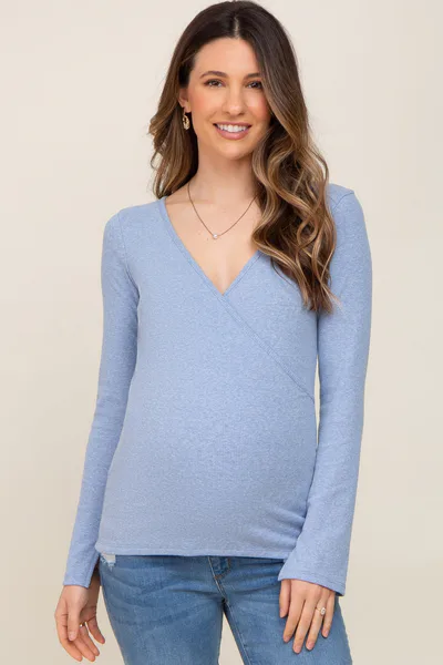 PinkBlush Blue Ribbed Long Sleeve Wrap Maternity Nursing Top