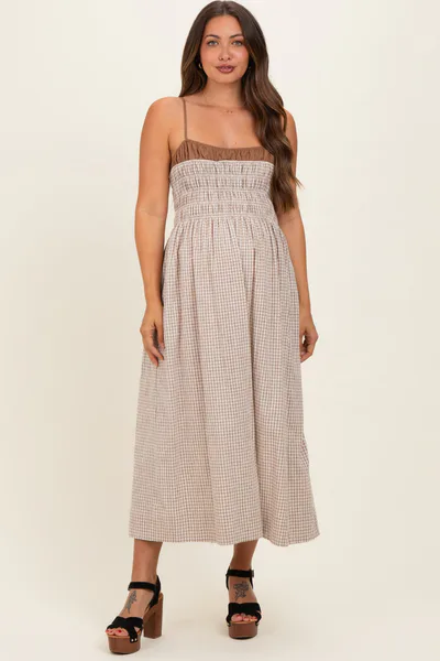 PinkBlush Mocha Gingham Maternity Maxi Dress
