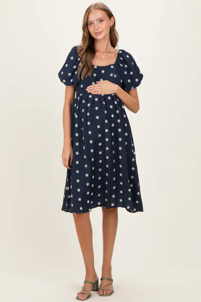 PinkBlush Navy Blue Floral Embroidered Short Sleeve Maternity Dress