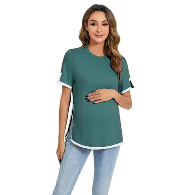 Target BLUEMING Womens Maternity T-Shirts Casual Pregnancy Puff Short Sleeve Shirts Striped Ruched Side Tunic Tops, Dark Green - L