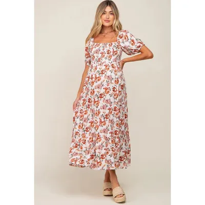 Target Pinkblush Cream Floral Smocked Square Neck Tiered Maternity Maxi Dress Small