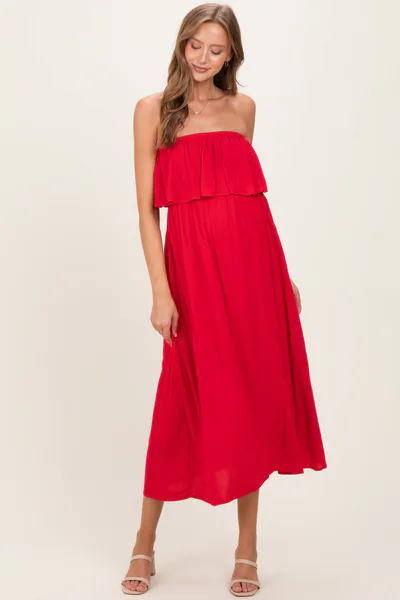 PinkBlush Ruby Woven Crinkle Flounce Strapless Maternity Maxi Dress