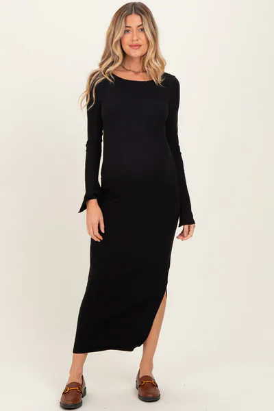 PinkBlush Black Scoop Back Long Sleeve Maternity Maxi Dress