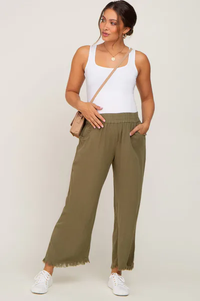 PinkBlush Olive Linen Frayed Hem Crop Maternity Pants