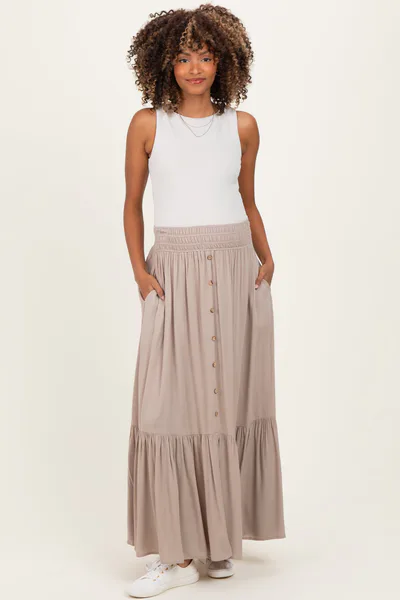 PinkBlush Sand Smocked Waist Button Detail Maternity Maxi Skirt
