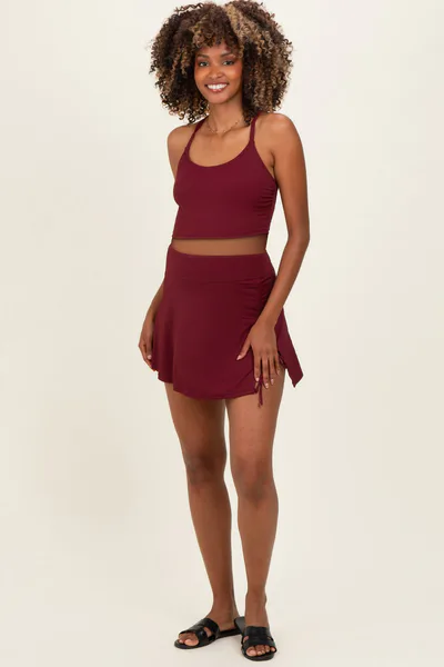 PinkBlush Burgundy Ribbed Crop Tank Swim Skirt Maternity Set