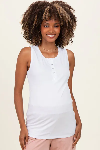 PinkBlush White Ribbed Sleeveless Henley Maternity Tank Top