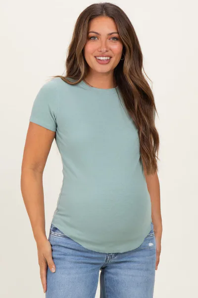 PinkBlush Dusty Mint Ribbed Short Sleeve Curved Hem Maternity Top