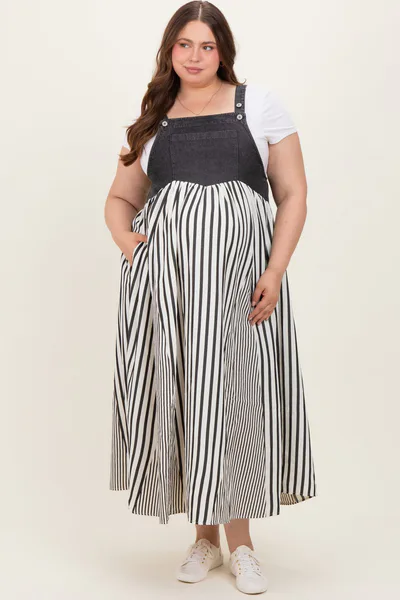 PinkBlush Charcoal Striped Colorblock Denim Contrast Maternity Plus Maxi Dress