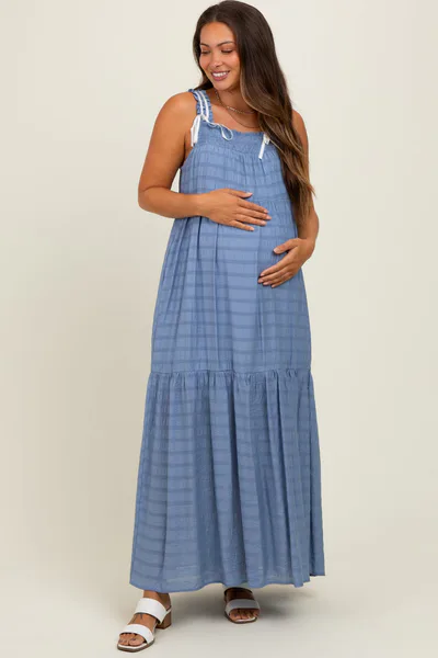 PinkBlush Blue Bow Tie Accent Tiered Maternity Maxi Dress