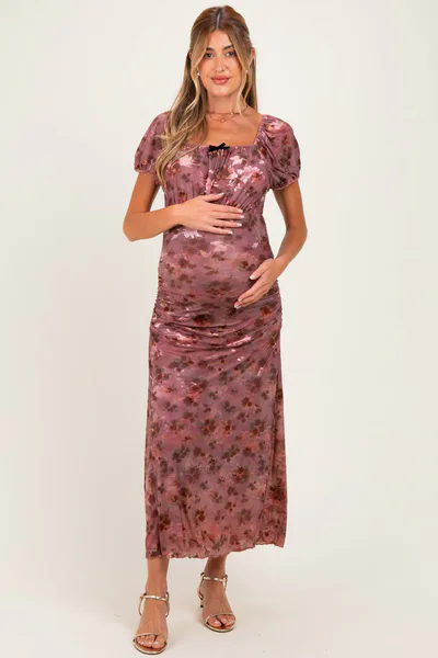PinkBlush Vintage Rust Ruched Floral Mesh Maternity Midi Dress