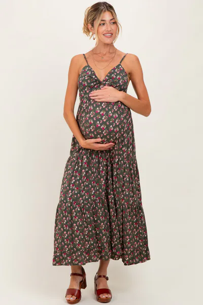 PinkBlush Olive Twist Front Tiered Maternity Midi Dress
