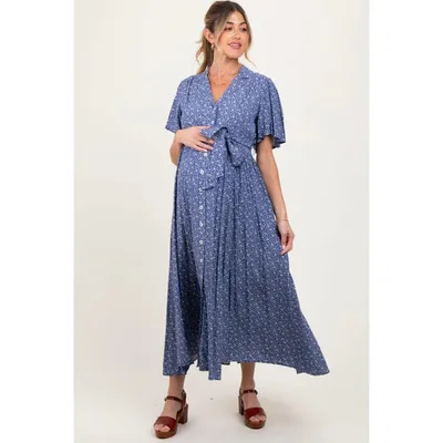 Target PinkBlush Blue Flutter Sleeve Button Down Maternity Maxi Dress Blue Large
