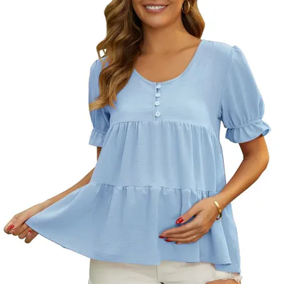 Target INSPIRE CHIC Women's Maternity Blouses Boho Ruffled V Neck Button Short Sleeve Tiered Shirts Flowy Casual Tops Medium Blue