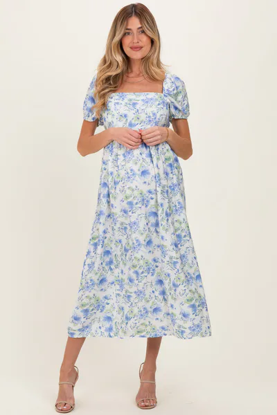 PinkBlush Blue Floral Crisscross Back Maternity Midi Dress