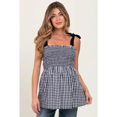 Target PinkBlush Black Gingham Smocked Shoulder Tie Maternity Top Black Medium