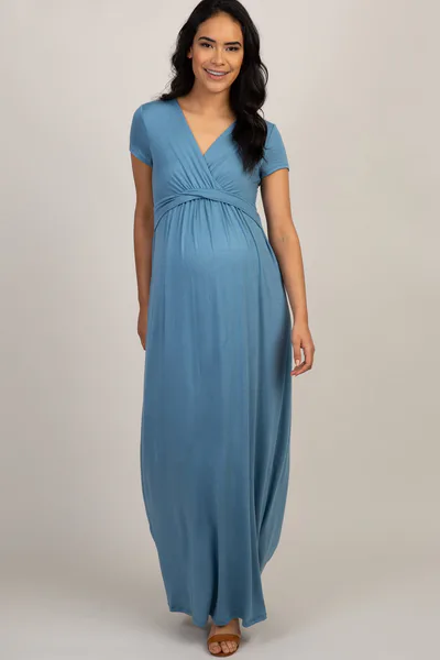 PinkBlush PinkBlush Petite Blue Draped Maternity/Nursing Maxi Dress