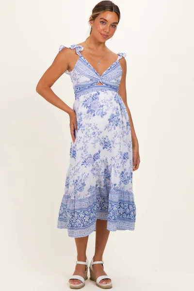 PinkBlush Blue V-Neck Cut Out Lace Up Back Maternity Dress
